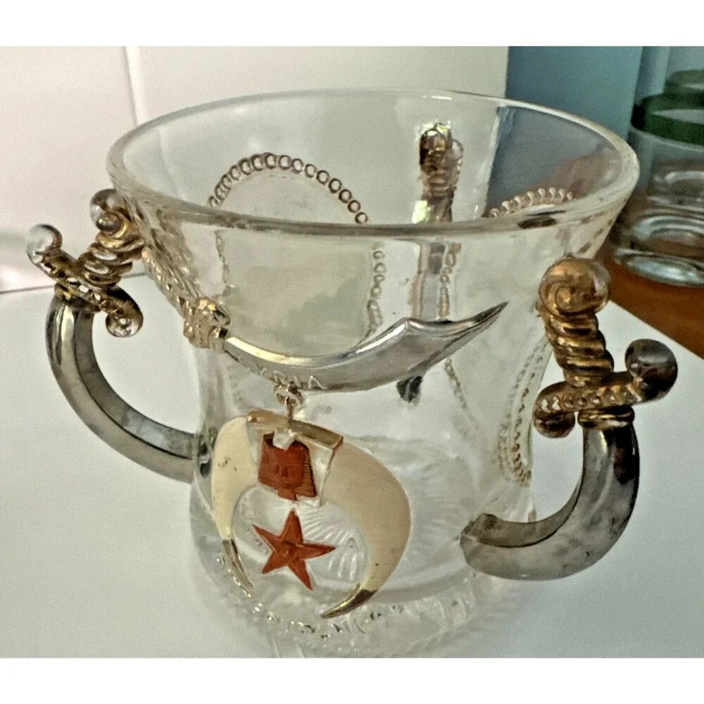 Pittsburgh Syria Shriners 4 Handled Glass Mug 1905 Souvenir Niagara Falls Swords